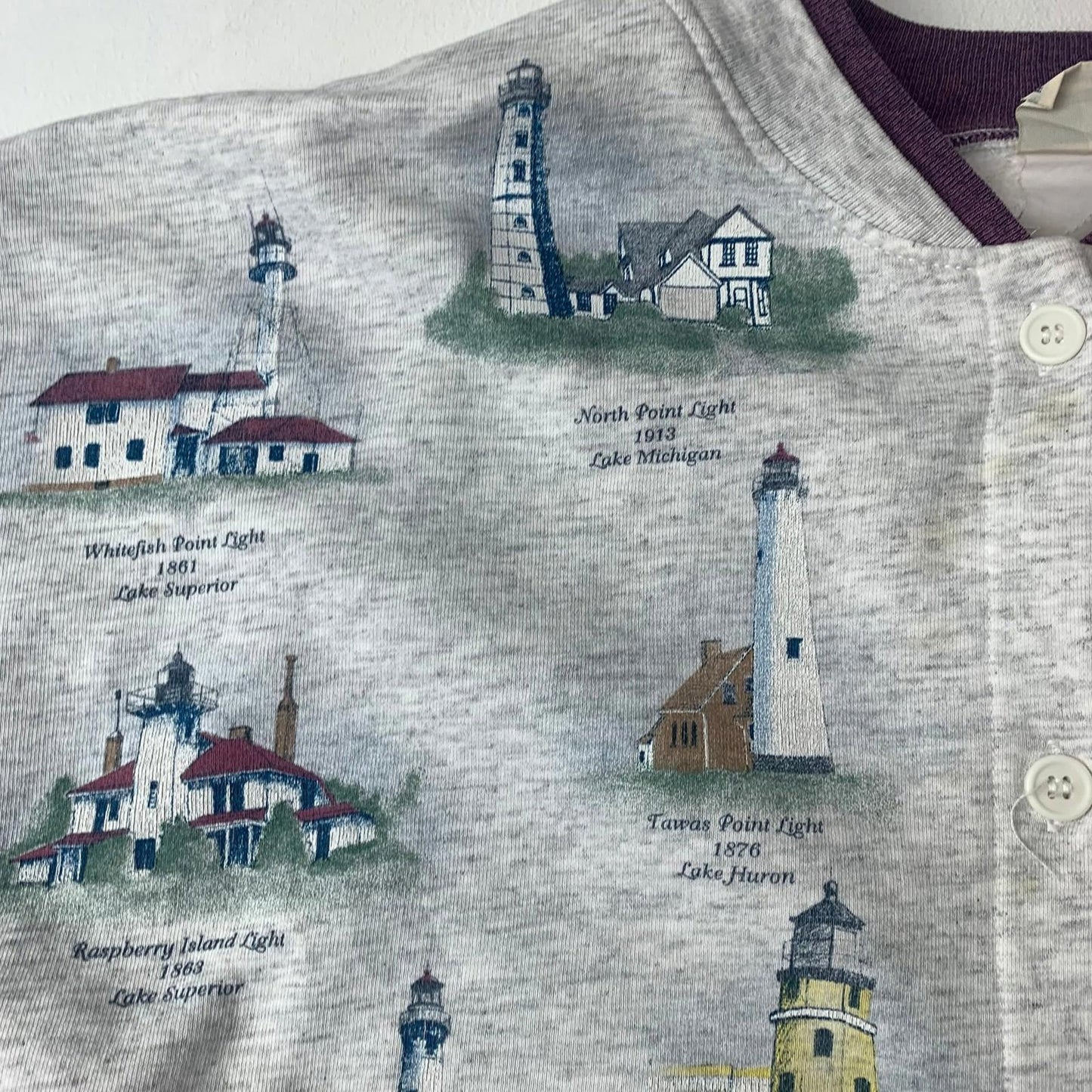 Artisans Sunschein Cardigan Vintage Lighthouse Print Button Up Light Grey Women
