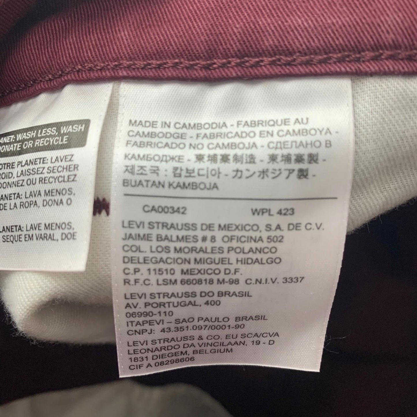 Levi's Trousers Chino Cotton Blend Burgundy Mens W28 L32