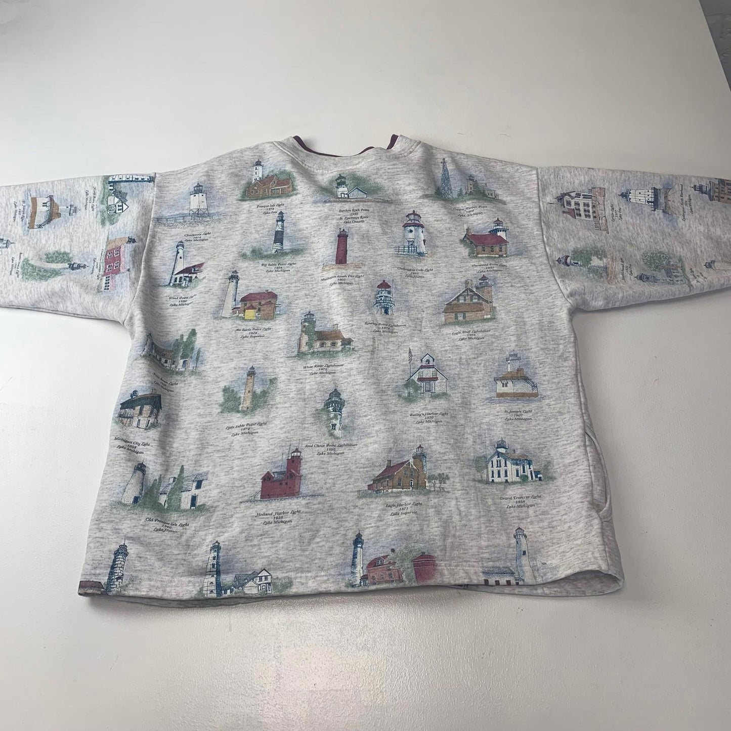 Artisans Sunschein Cardigan Vintage Lighthouse Print Button Up Light Grey Women