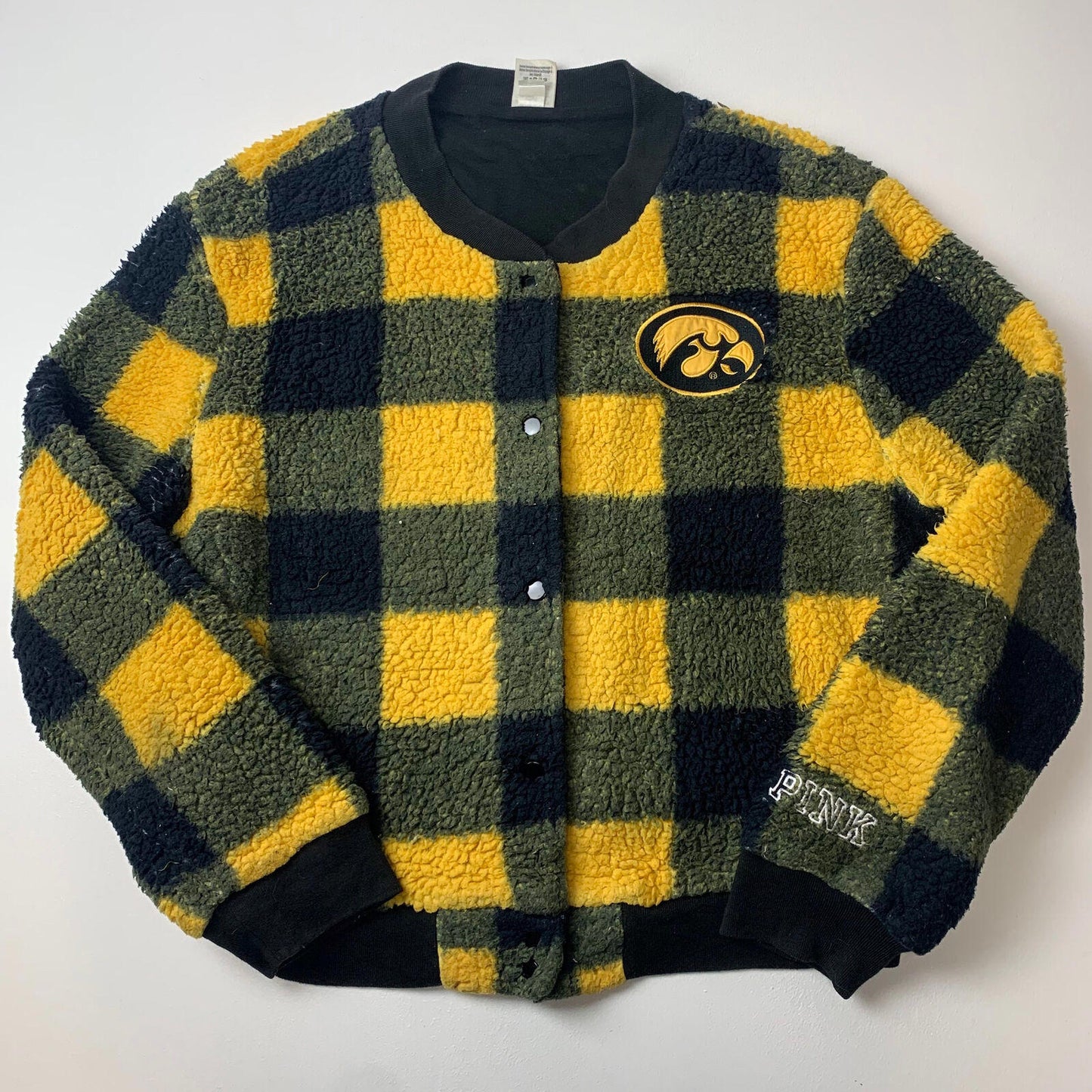 Women’s Vintage PINK Thick Pile Fleece Jacket / Yellow & Green Check / Large