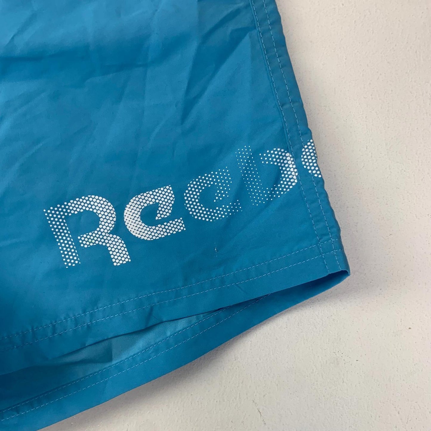 Reebok Swim Shorts Elastic Waist Drawstring Blue White Logo Mens S