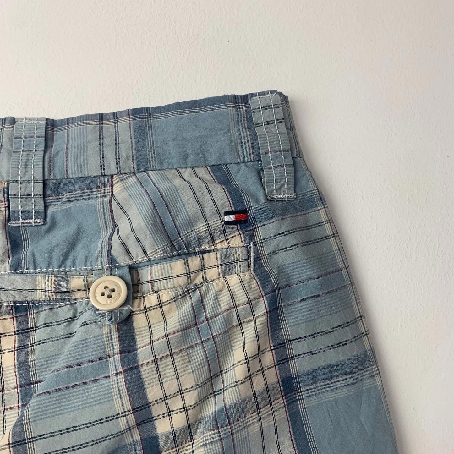 Tommy Hilfiger Plaid Bermuda Shorts Button Fly Blue Beige Women Size 30