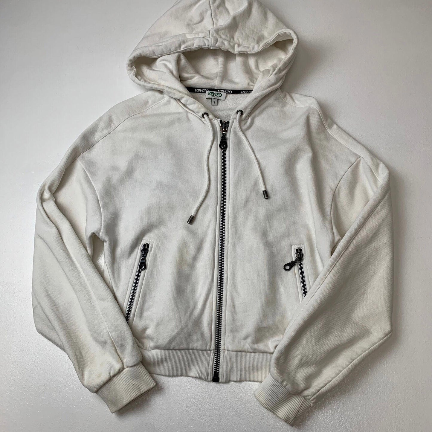 Women’s KENZO PARIS Hoodie / White / Small / Embroidered Spellout / Zip Pockets