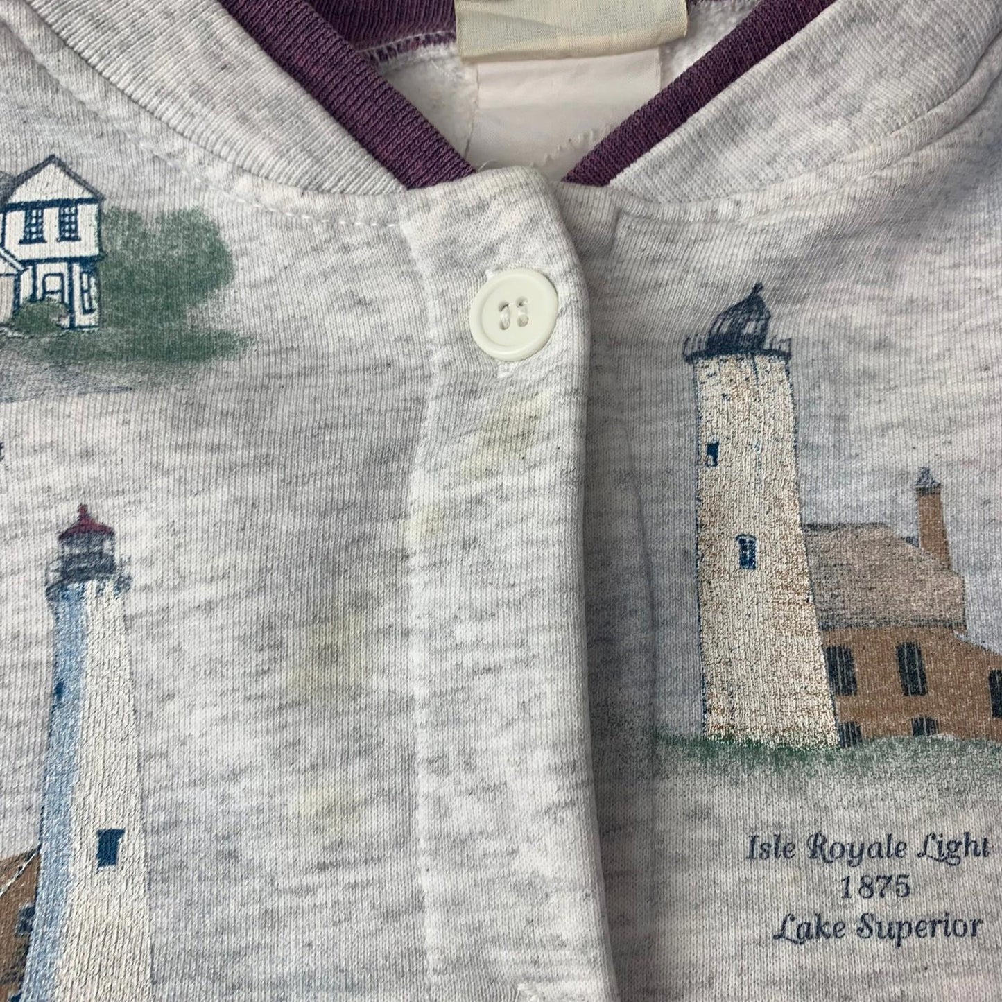 Artisans Sunschein Cardigan Vintage Lighthouse Print Button Up Light Grey Women
