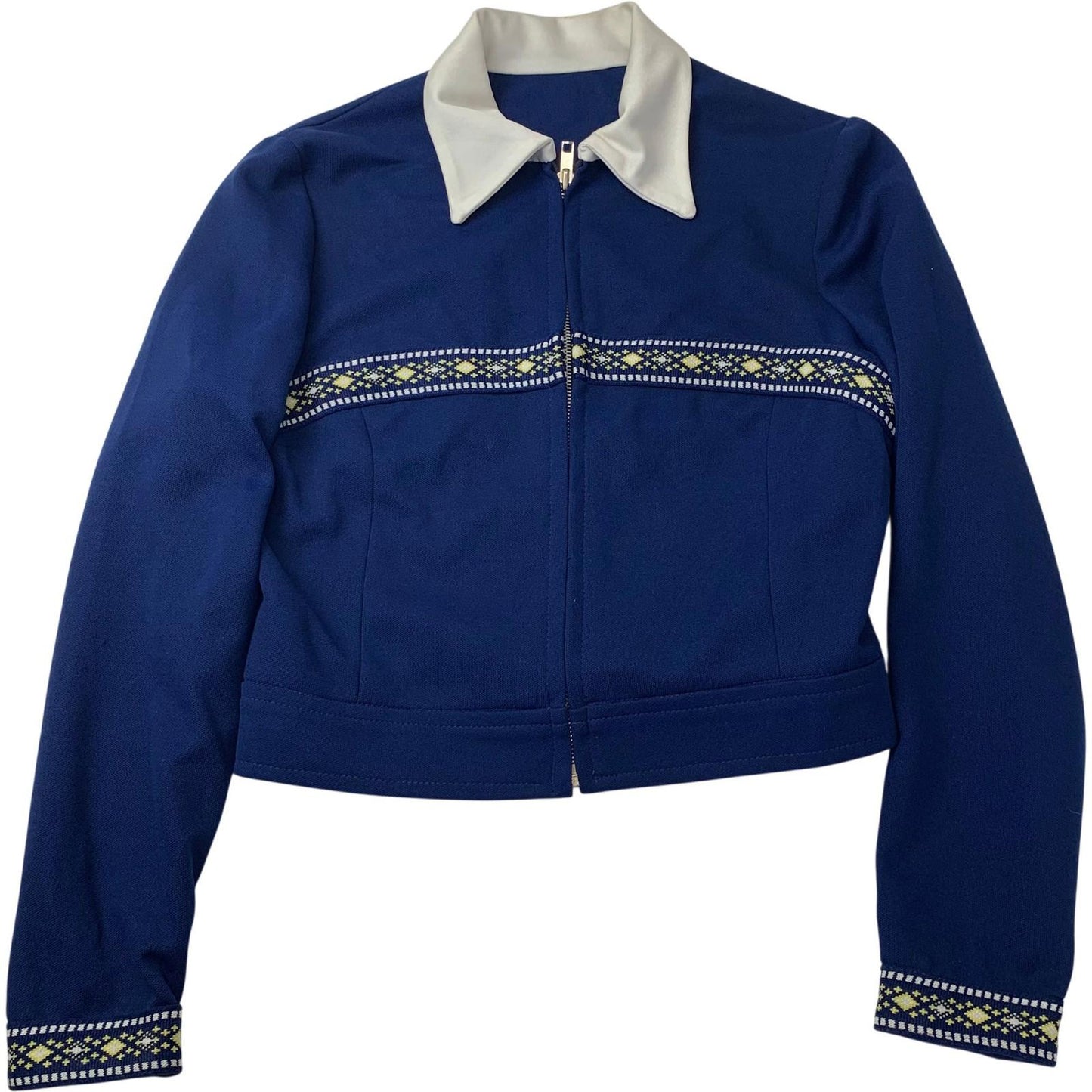 VINTAGE Zip Jacket Embroidered Retro Blue White Collar Women