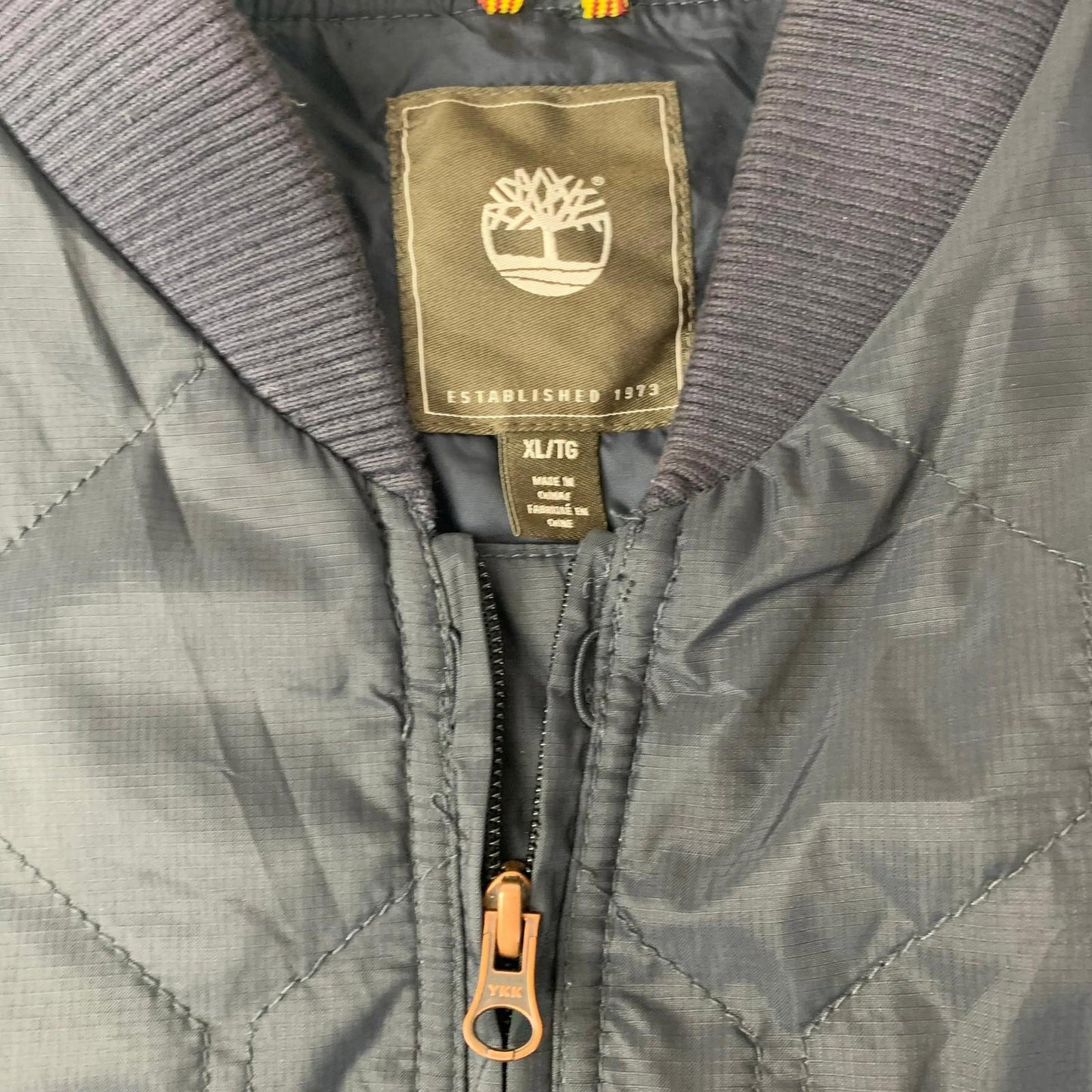 Timberland Quilted Bomber Jacket Ribbed Collar Dark Blue Mens XL