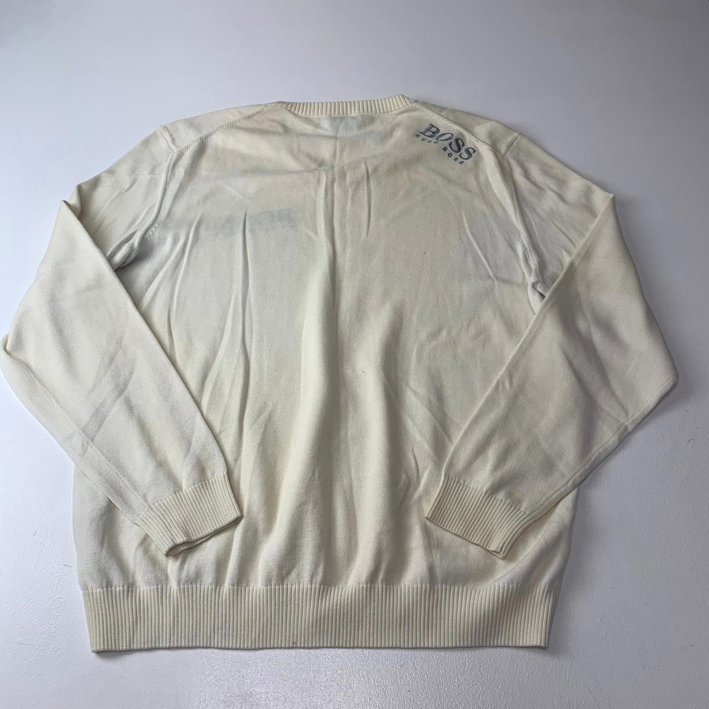 Hugo Boss V-Neck Sweatshirt Ivory Logo Embroidered Knit Mens XL