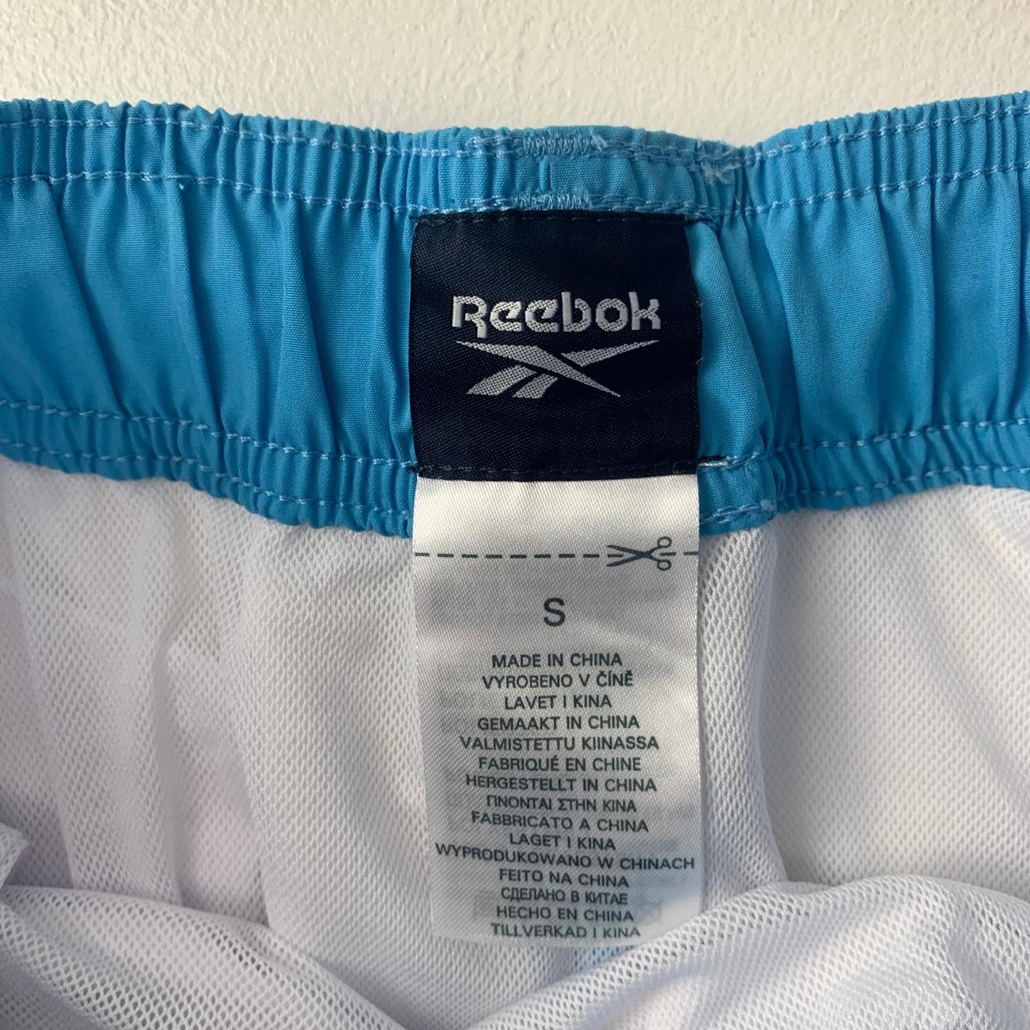 Reebok Swim Shorts Elastic Waist Drawstring Blue White Logo Mens S