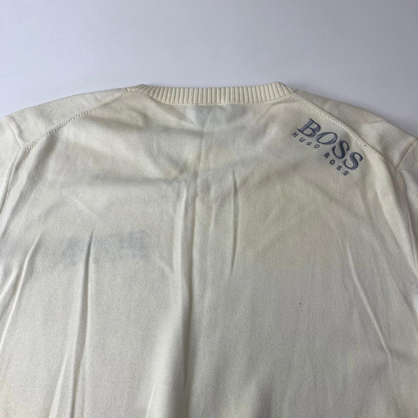 Hugo Boss V-Neck Sweatshirt Ivory Logo Embroidered Knit Mens XL