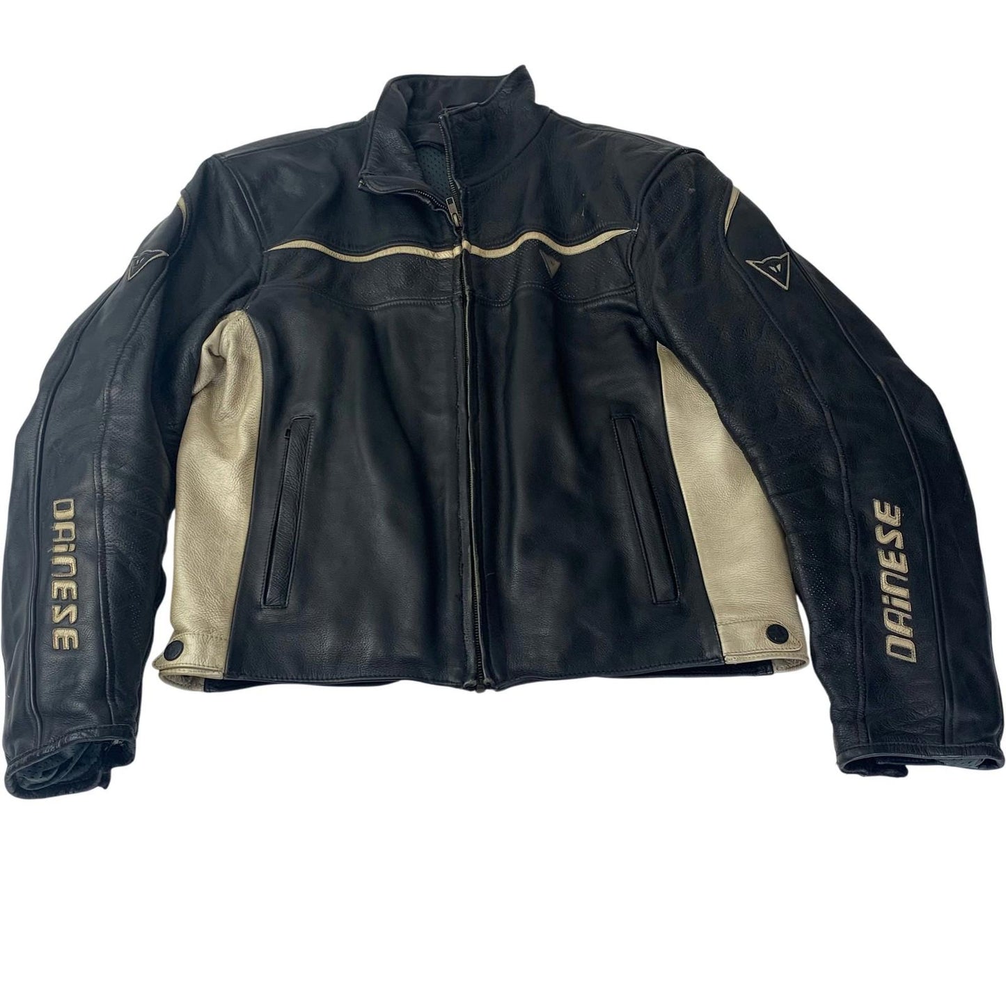 Dainese Motorcycle Jacket Leather Black Beige Zip Mens Label Size 52