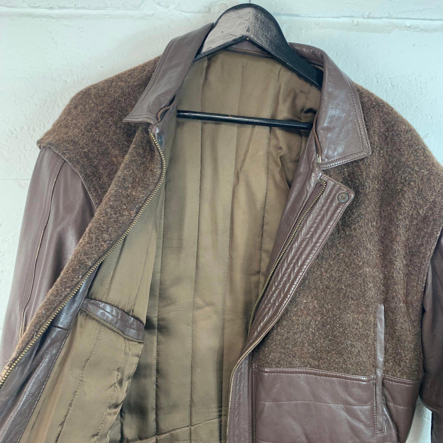 Men’s Vintage Leather & Wool Jacket / Coat / Brown / Medium / Made in Italy