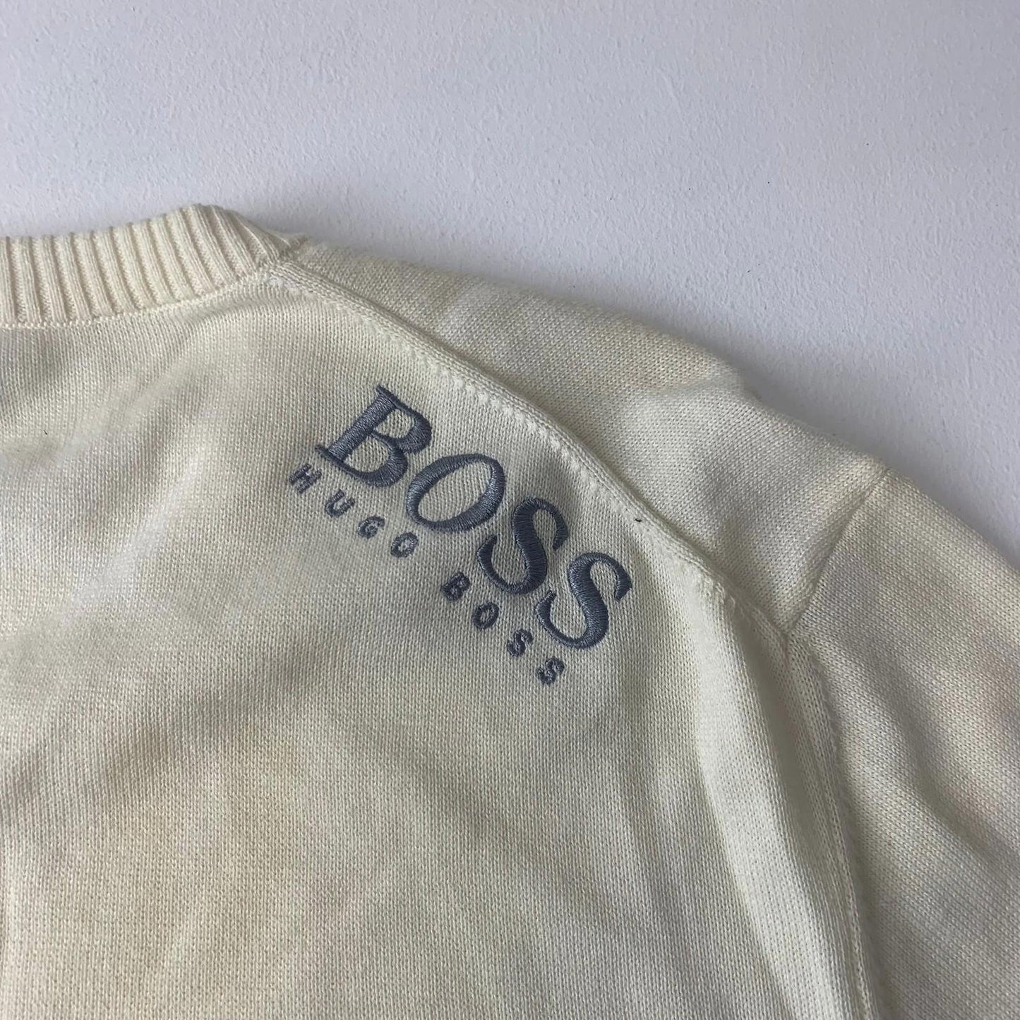 Hugo Boss V-Neck Sweatshirt Ivory Logo Embroidered Knit Mens XL