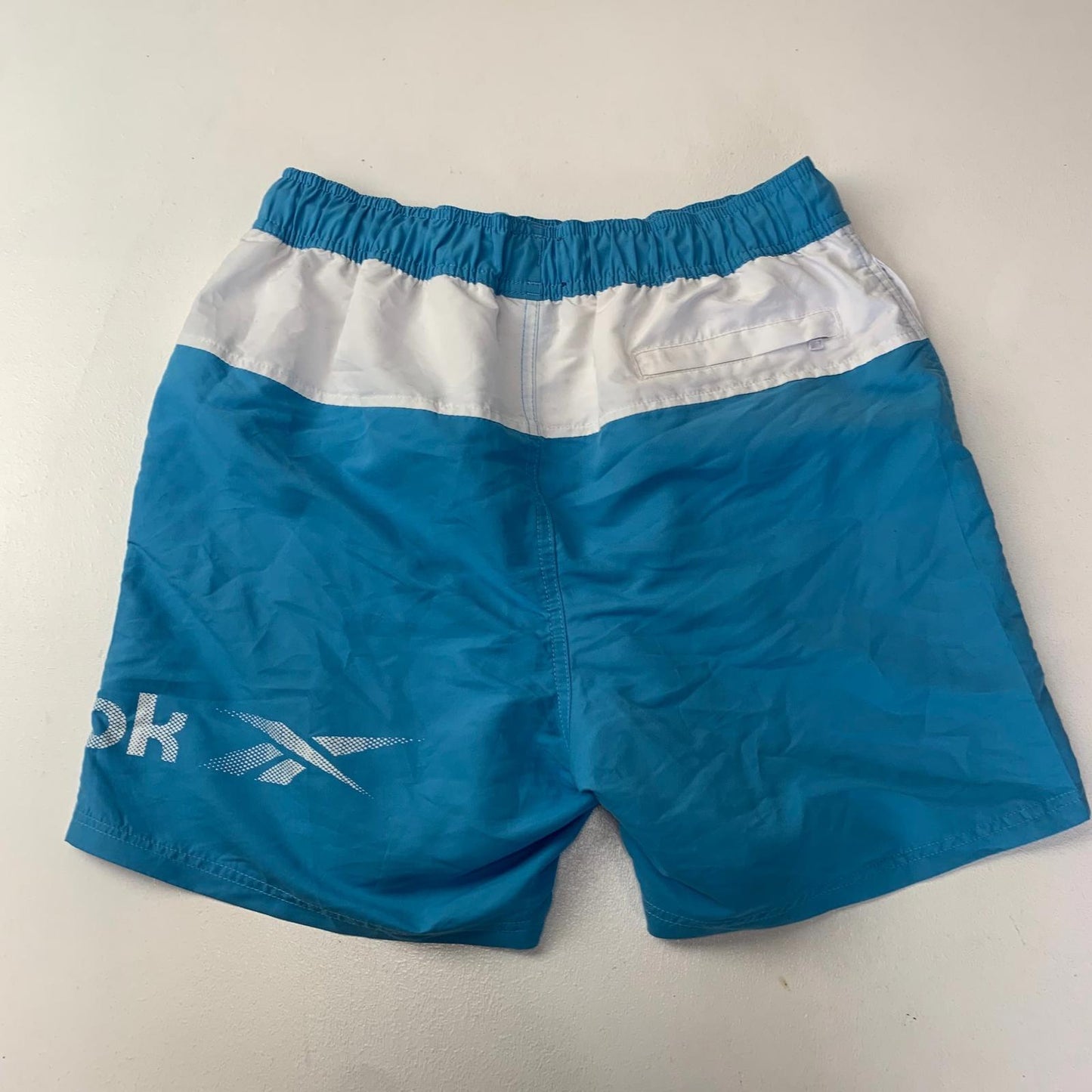 Reebok Swim Shorts Elastic Waist Drawstring Blue White Logo Mens S