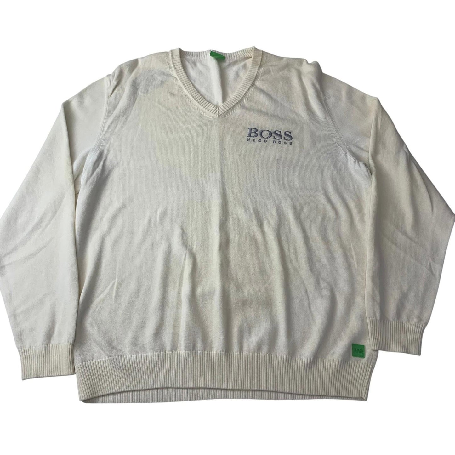 Hugo Boss V-Neck Sweatshirt Ivory Logo Embroidered Knit Mens XL