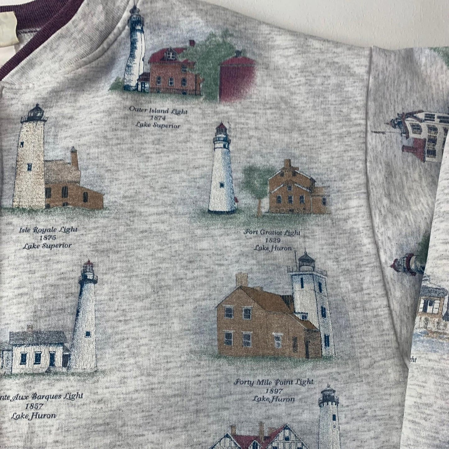 Artisans Sunschein Cardigan Vintage Lighthouse Print Button Up Light Grey Women