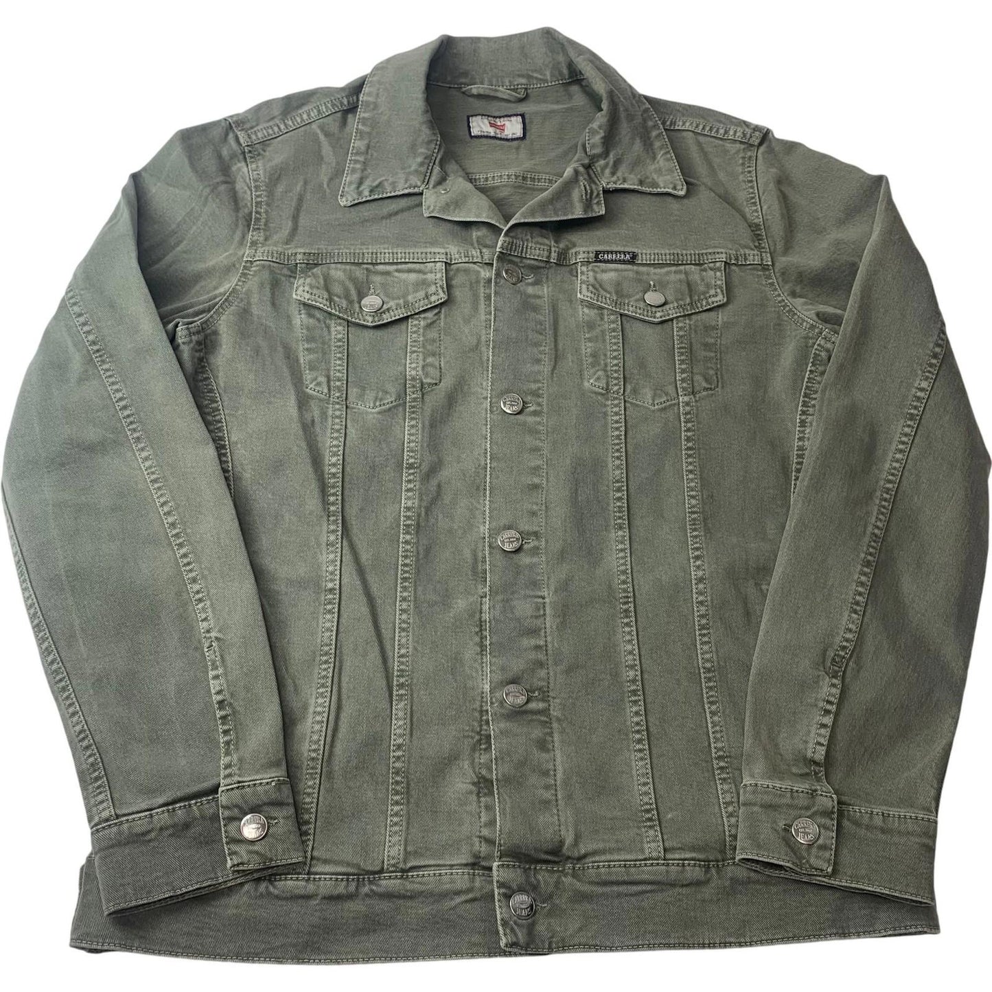 Carrera Denim Jacket Military Style Button Green Cotton Mens Medium