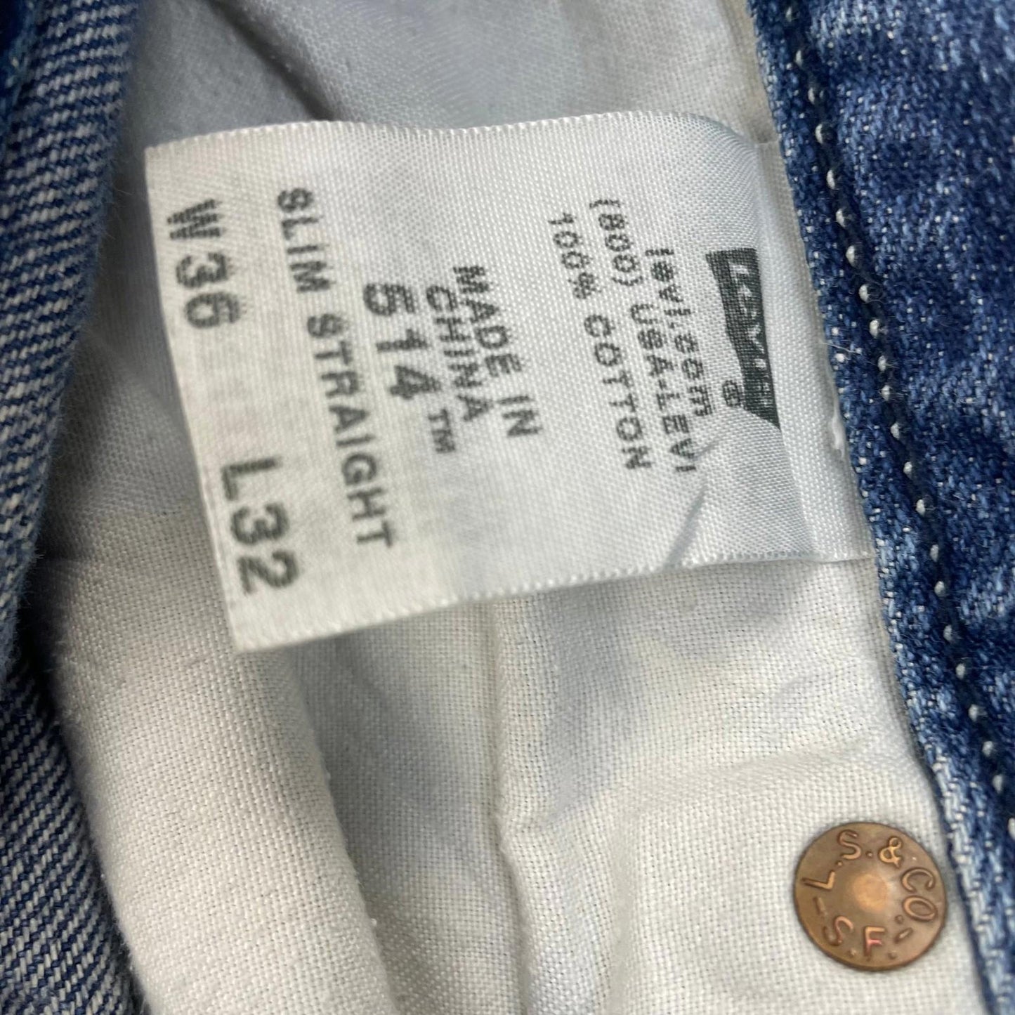 LEVI'S 514 Jeans Slim Straight Fit Distressed Blue Cotton Mens W36 L32