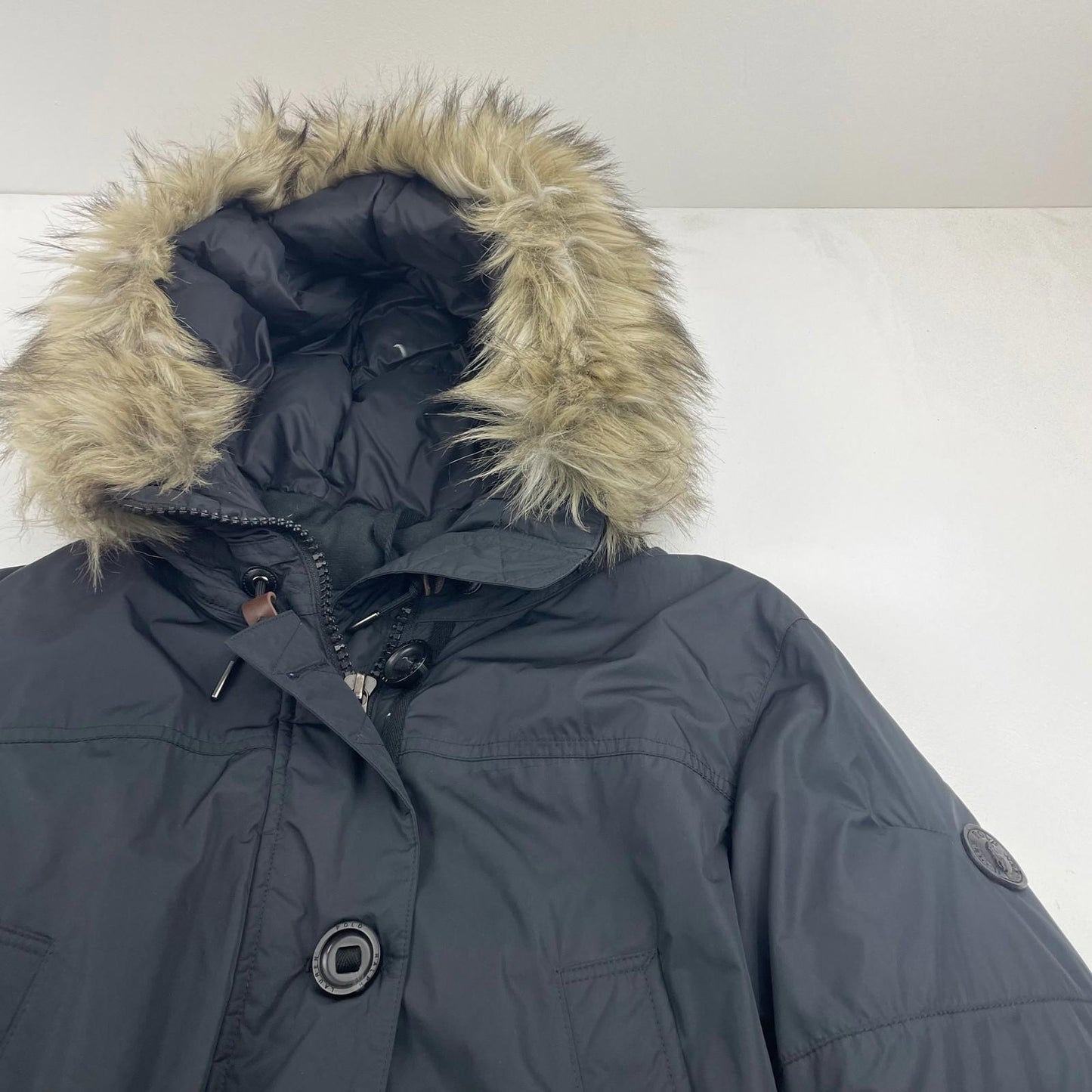 Polo Ralph Lauren Parka Fur Trim Hooded Black Jacket Women M