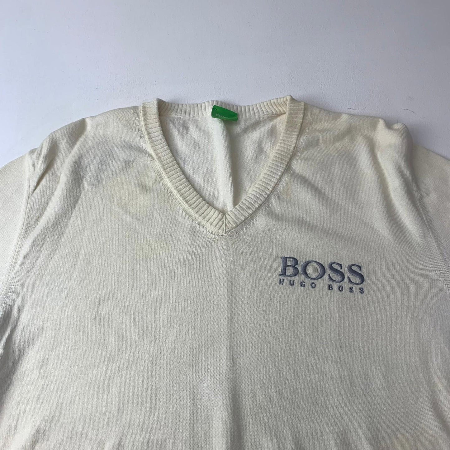 Hugo Boss V-Neck Sweatshirt Ivory Logo Embroidered Knit Mens XL