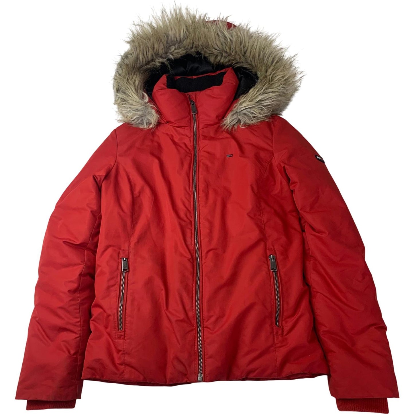 Tommy Jeans Puffer Jacket Faux Fur Hooded Red Girls Medium