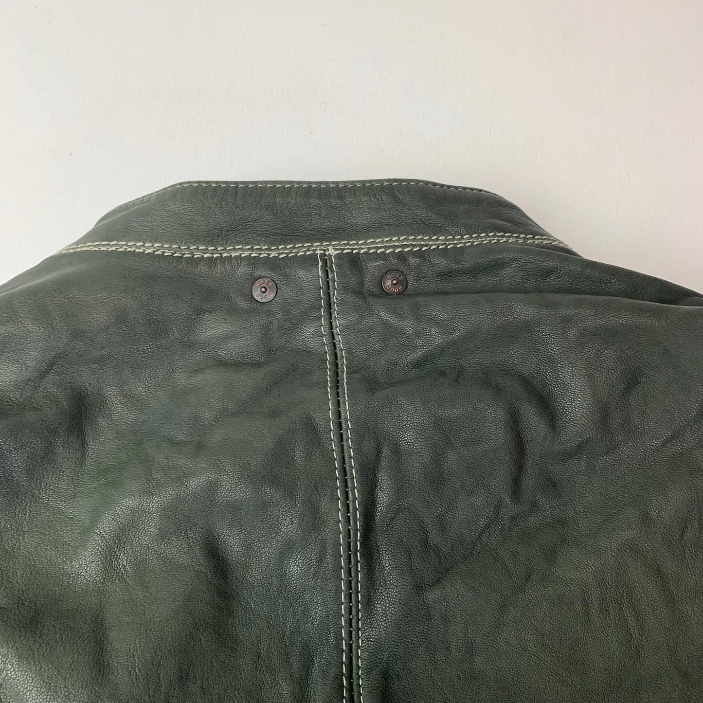 Hugo Boss Josbert-X Biker Leather Jacket Zip Green Mens Size L