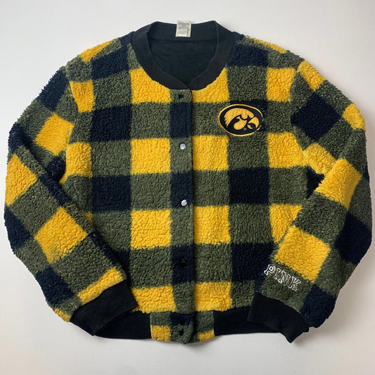 Women’s Vintage PINK Thick Pile Fleece Jacket / Yellow & Green Check / Large