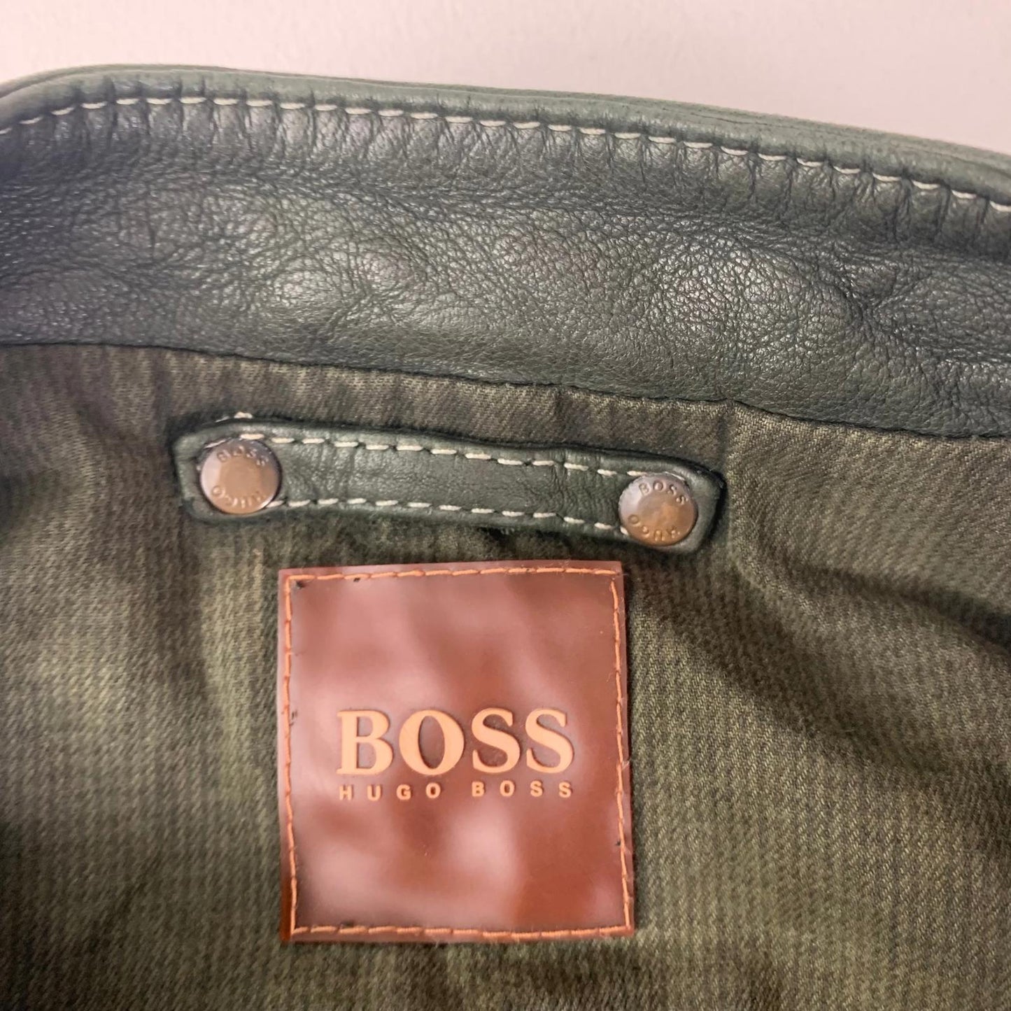 Hugo Boss Josbert-X Biker Leather Jacket Zip Green Mens Size L