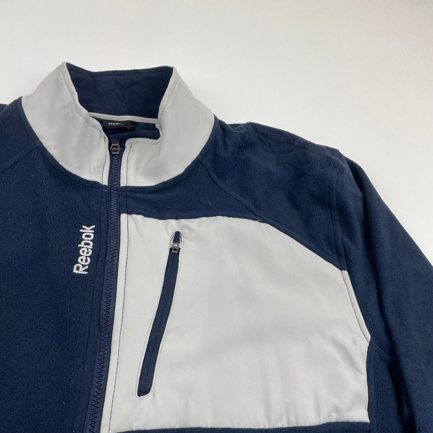 REEBOK Fleece Jacket Full Zip Colourblock Blue Grey Mens XL