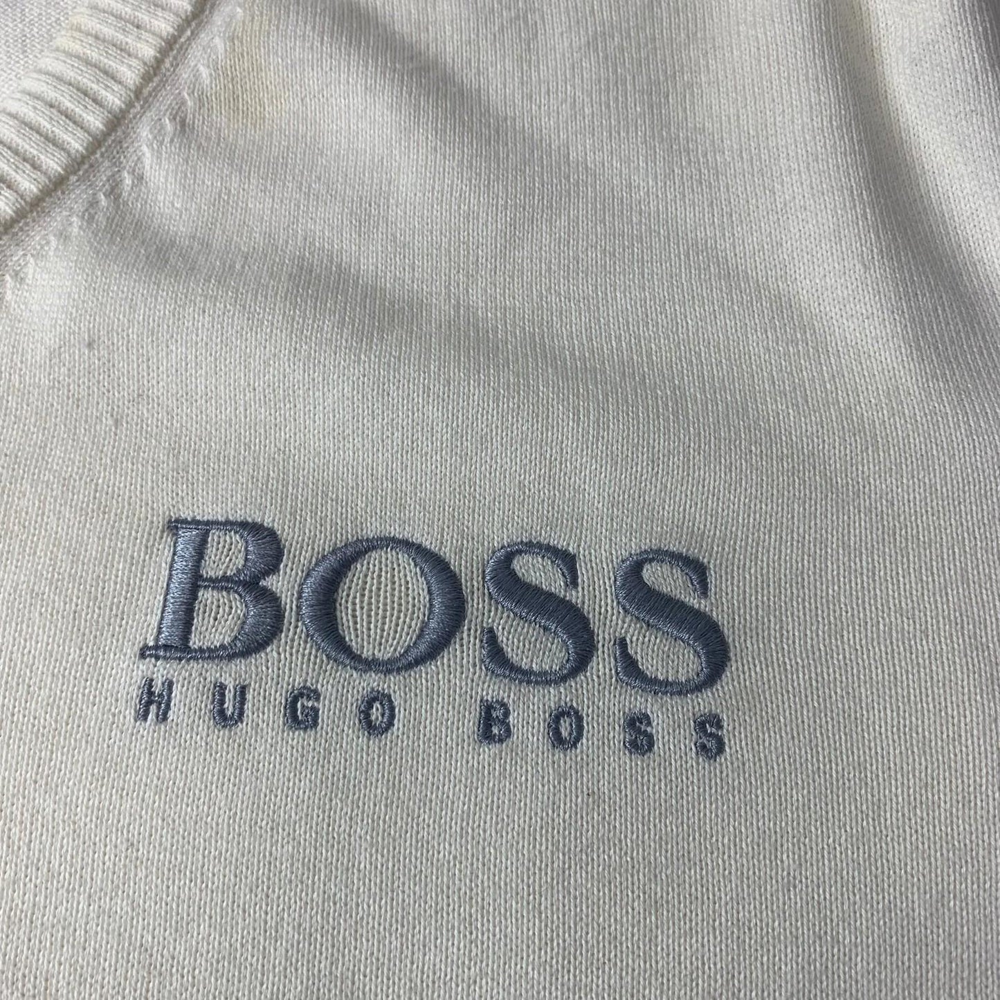 Hugo Boss V-Neck Sweatshirt Ivory Logo Embroidered Knit Mens XL