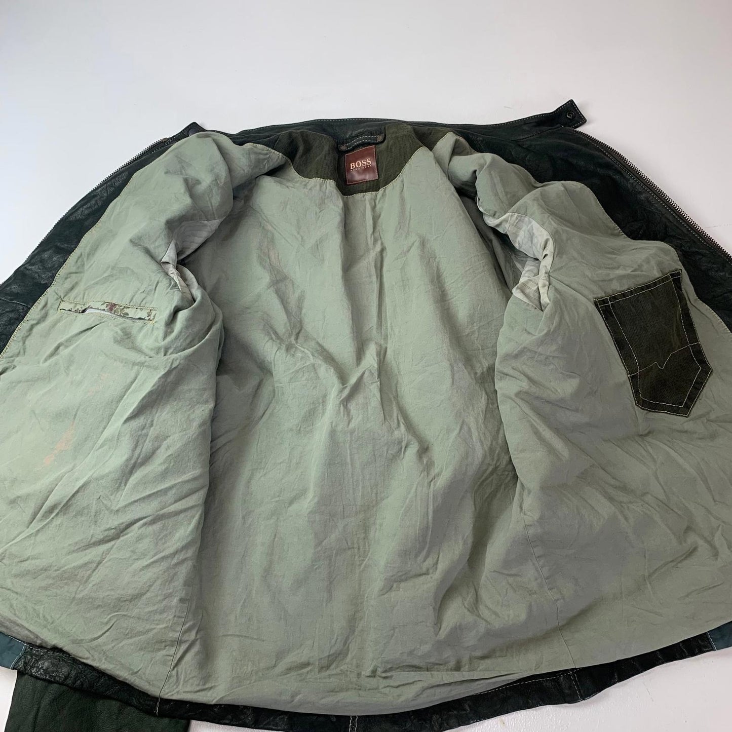Hugo Boss Josbert-X Biker Leather Jacket Zip Green Mens Size L