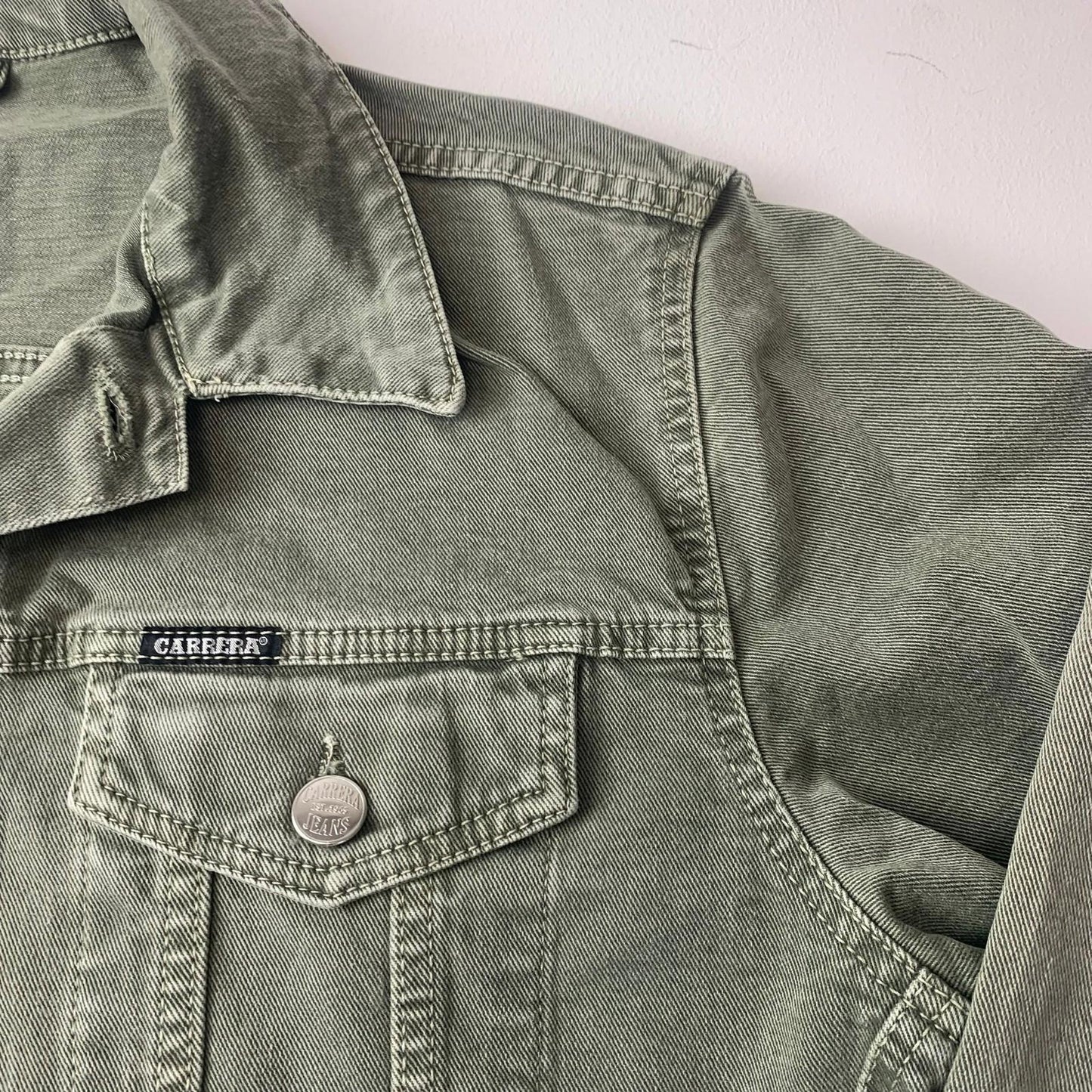 Carrera Denim Jacket Military Style Button Green Cotton Mens Medium
