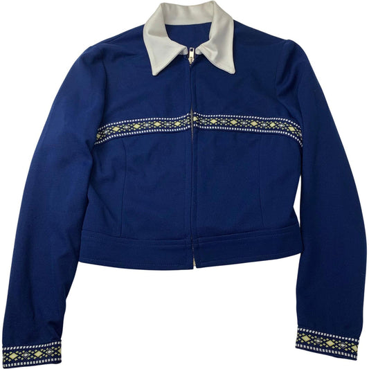 VINTAGE Zip Jacket Embroidered Retro Blue White Collar Women