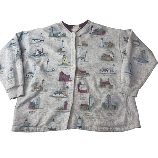 Artisans Sunschein Cardigan Vintage Lighthouse Print Button Up Light Grey Women