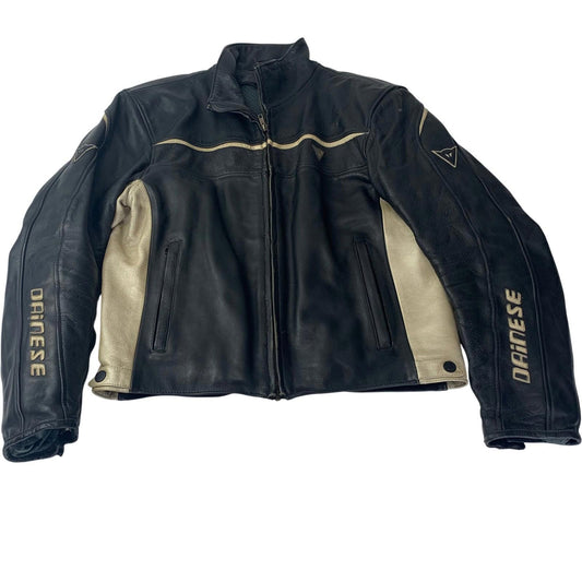Dainese Motorcycle Jacket Leather Black Beige Zip Mens Label Size 52