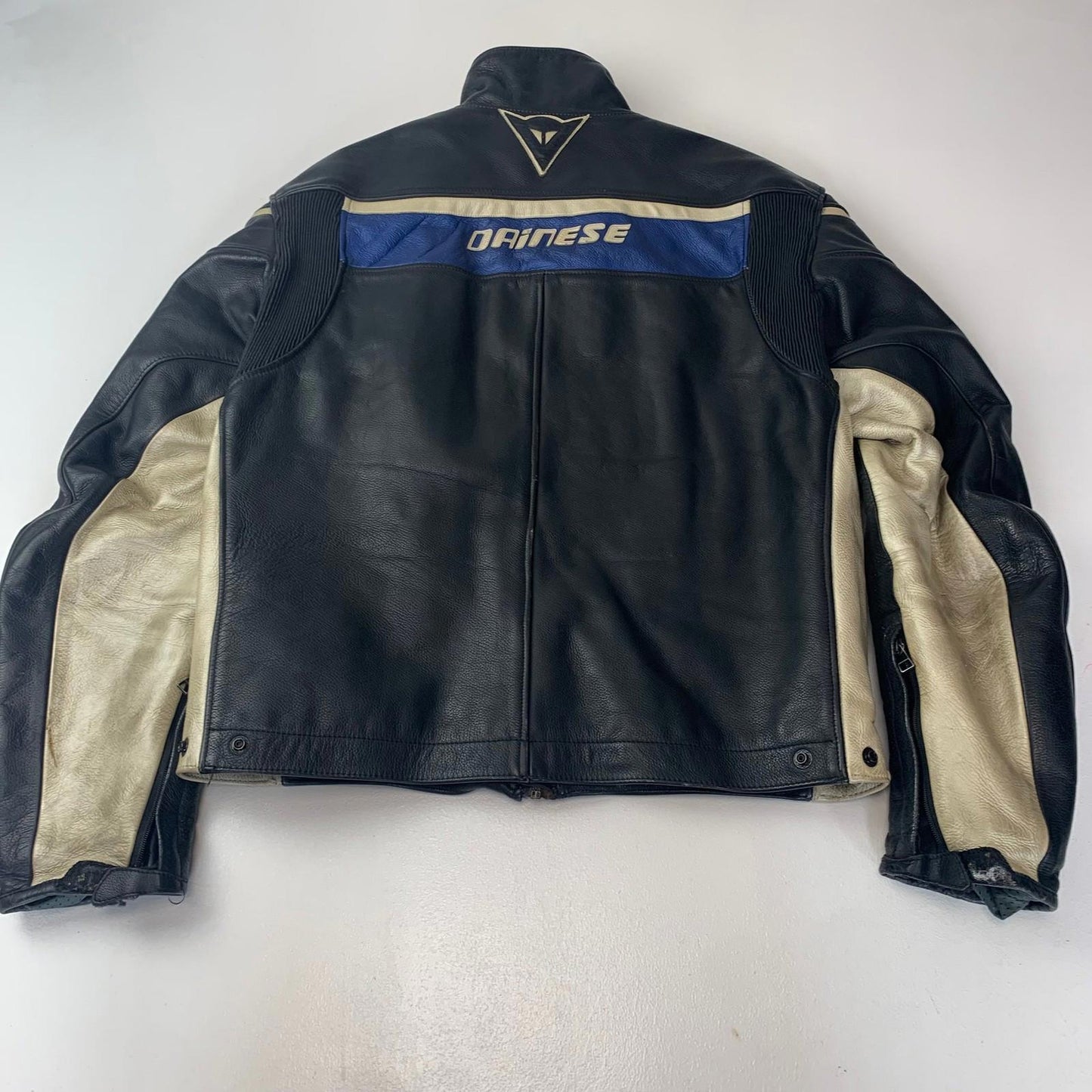 Dainese Motorcycle Jacket Leather Black Beige Zip Mens Label Size 52