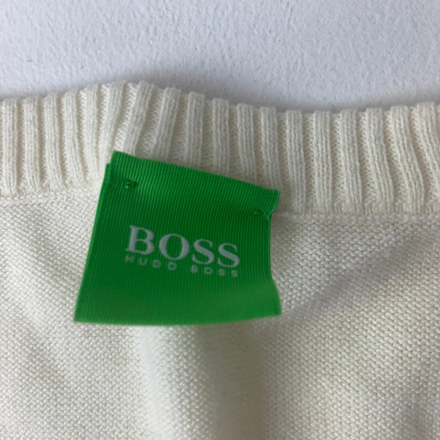 Hugo Boss V-Neck Sweatshirt Ivory Logo Embroidered Knit Mens XL