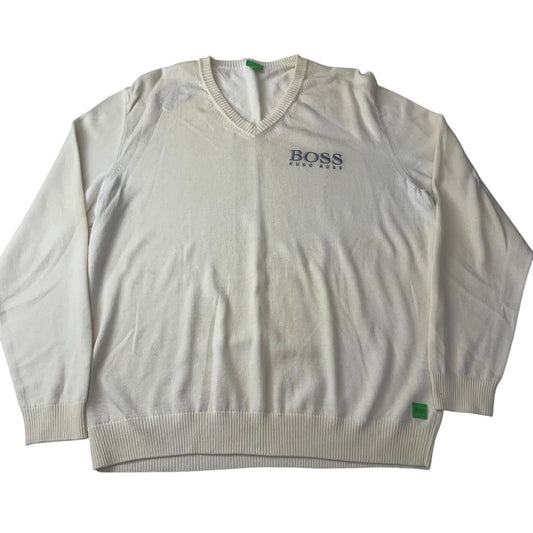 Hugo Boss V-Neck Sweatshirt Ivory Logo Embroidered Knit Mens XL
