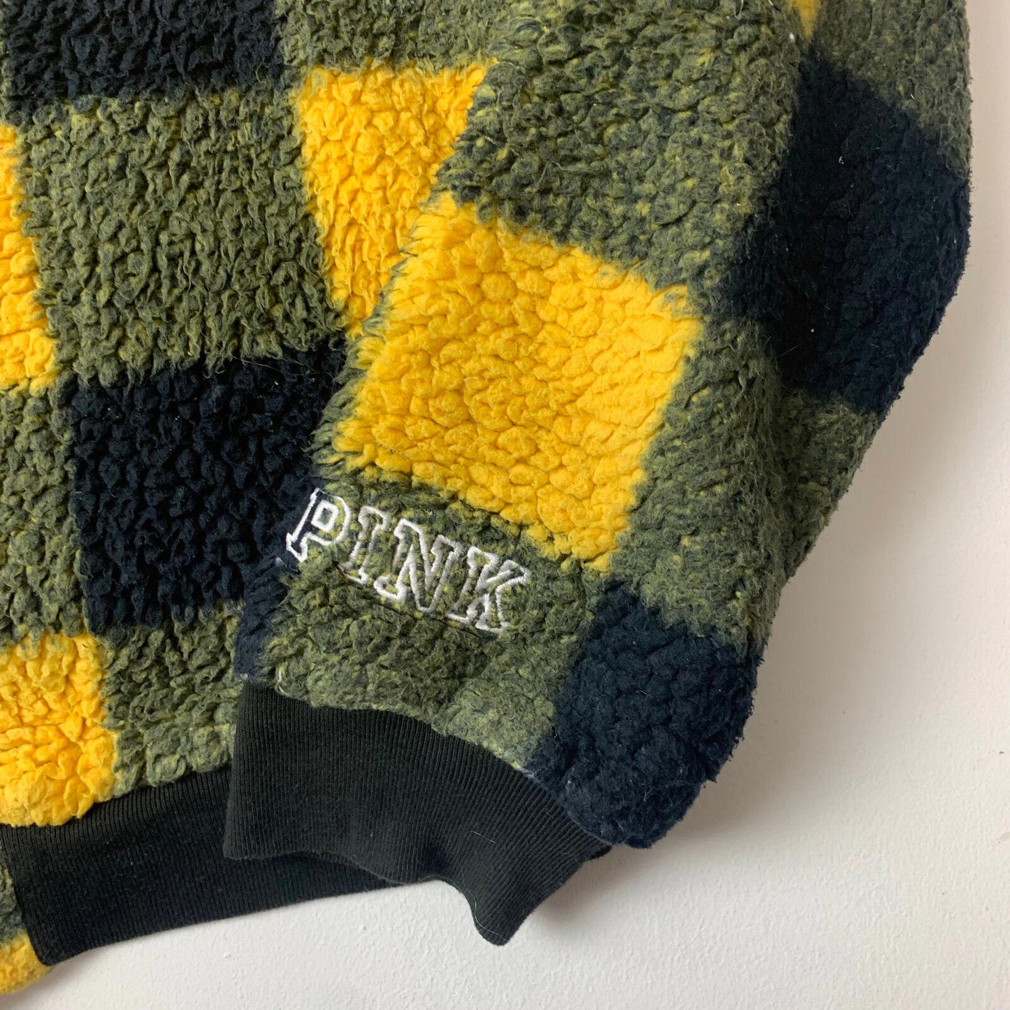 Women’s Vintage PINK Thick Pile Fleece Jacket / Yellow & Green Check / Large