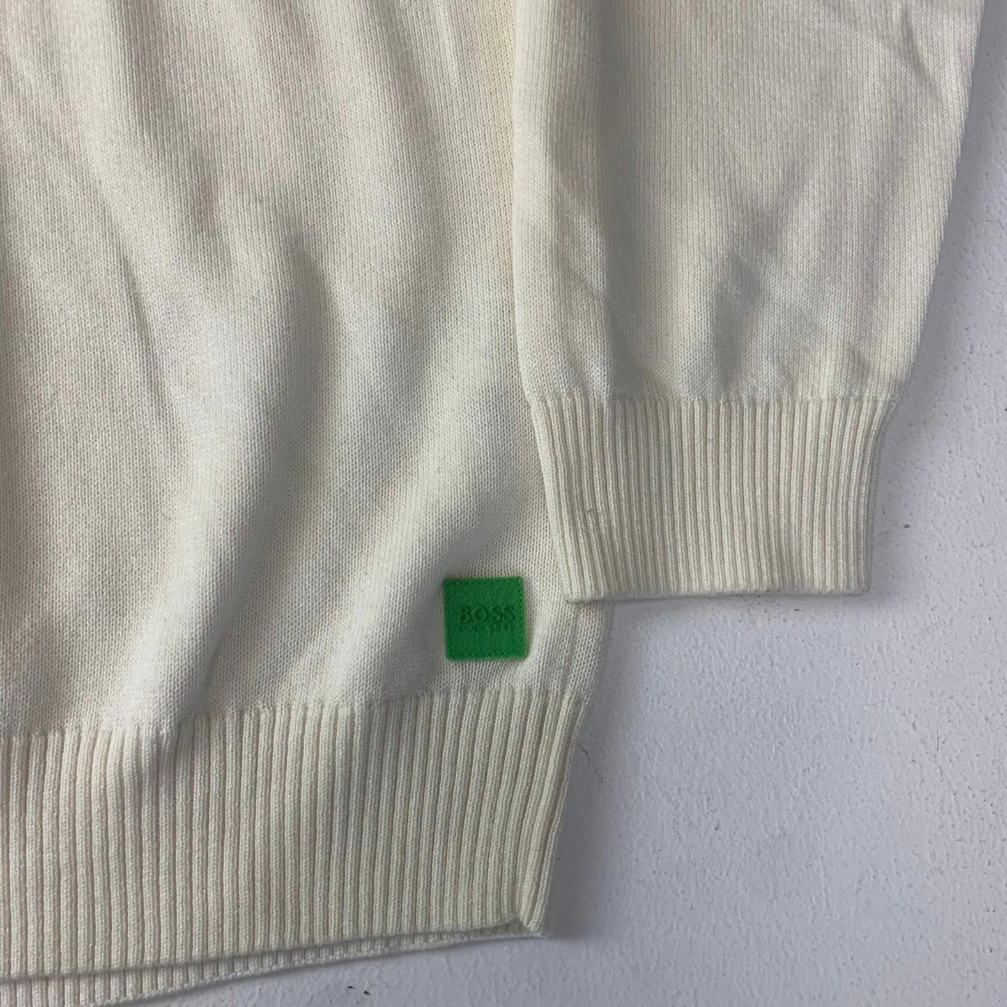 Hugo Boss V-Neck Sweatshirt Ivory Logo Embroidered Knit Mens XL