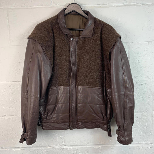 Men’s Vintage Leather & Wool Jacket / Coat / Brown / Medium / Made in Italy